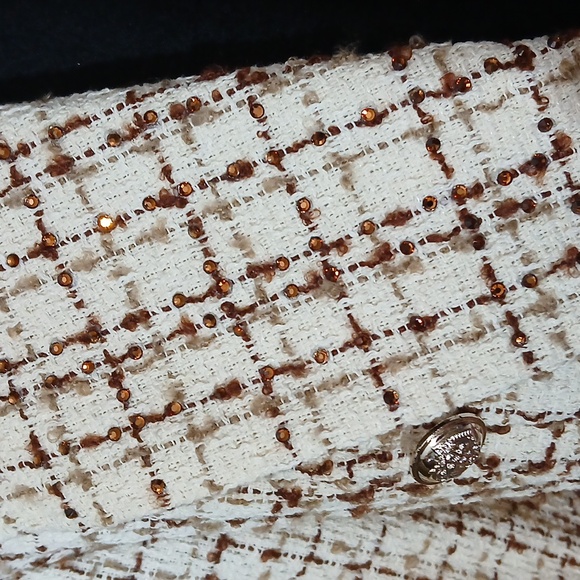 🤎 Elegant Cream Brown Crystal Lapel Jacket Chic Sparkle Size Large Embellished - Picture 3 of 7